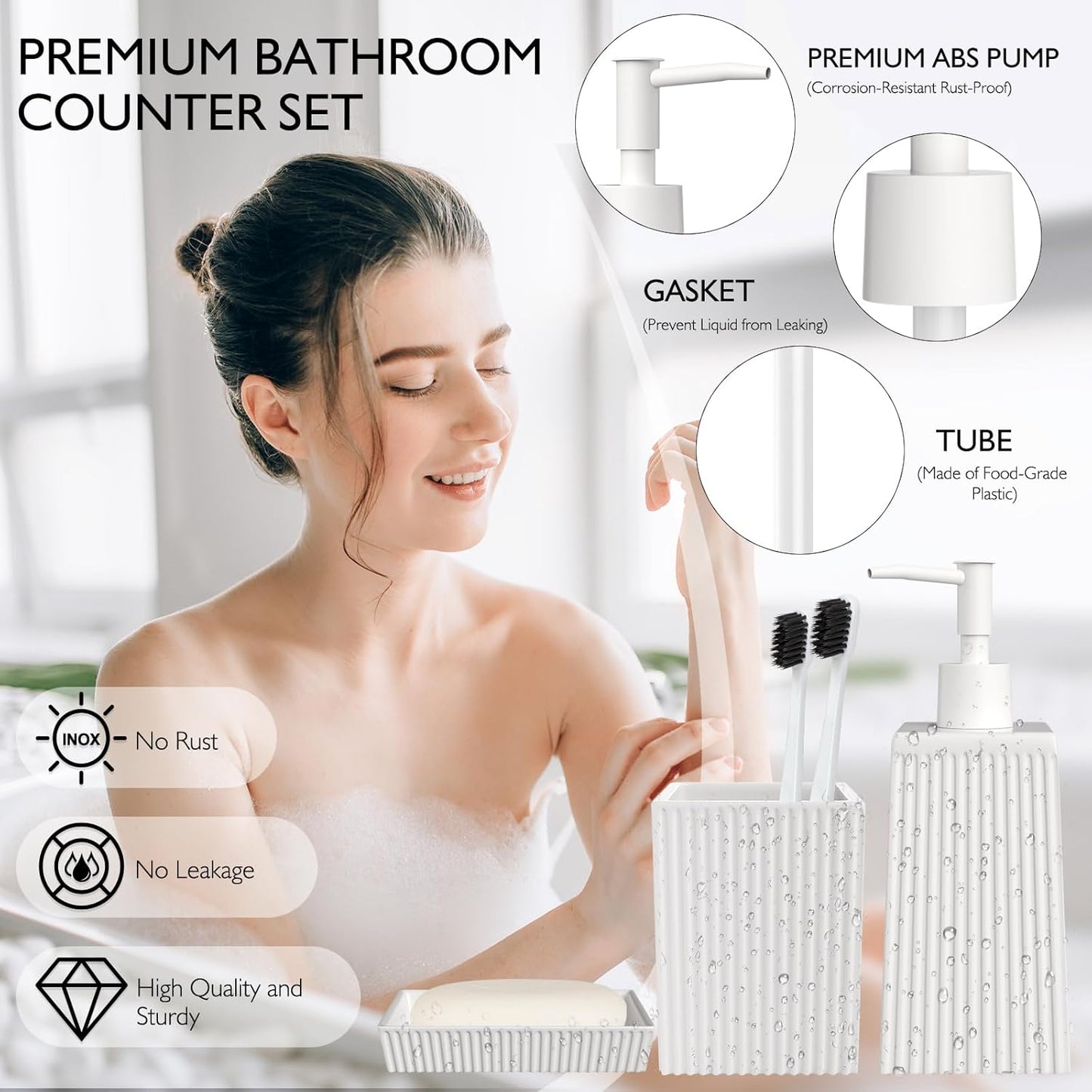 Bathroom Set - White Bathroom Accessories Set, 5PCS Ceramic Bathroom Accessory Set, Bathroom Sets with Soap Dispenser, Toothbrush Tumbler, Soap Dish, Q-tip Holder & Vanity Tray