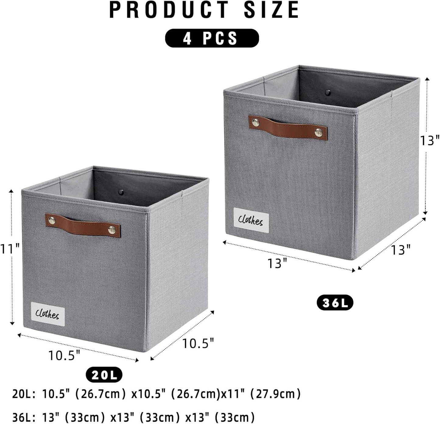 Collapsible Fabric Storage Cube Bins with 2 Reinforced PU Handles, Foldable Storage Organizer Baskets for Closet, Shelves, Living Room | 11"x11"x11", 4 Pack, Full Gray