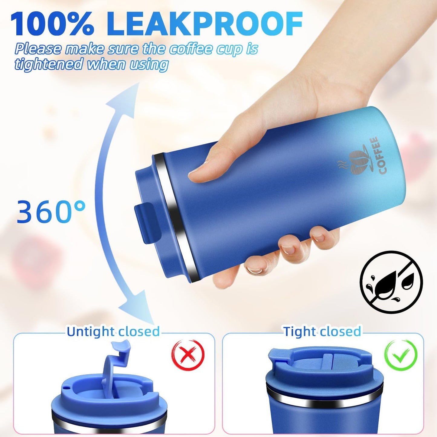 Insulated Travel Coffee Mug Reusable Coffee Tumbler Cup with Flip Lid Leak Proof Spill Proof for Office School Party Camping Hot and Cold Drink,Stainless Steel 17oz (Light Dark Blue)