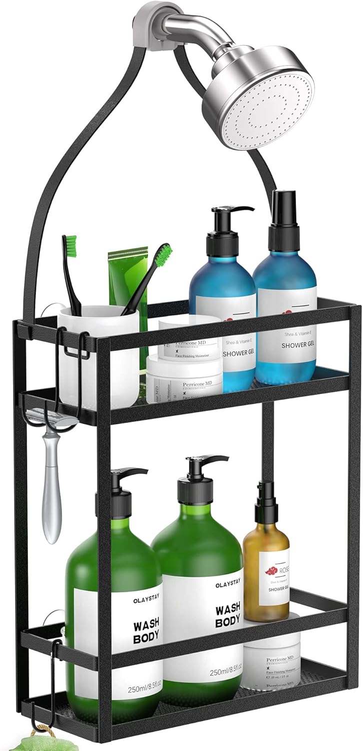 Meangood Shower Caddy, 10.4" x 4.5" x 22.04" Hanging Shower Caddy Organizer Over Shower Head Big Capacity for Shampoo, Conditioner with Hooks for Razor/Sponge, Matte Black