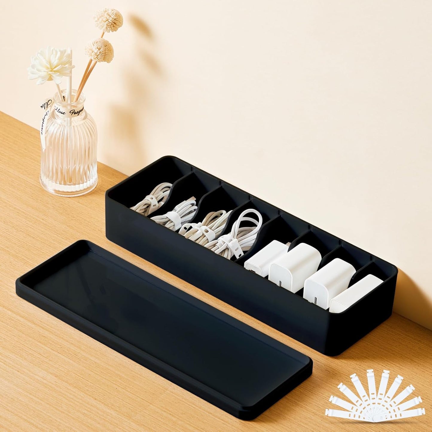 Tatuo 1 Pcs Cable Organizer Box with Wire Ties, Plastic Cord Storage Box with Lid, Electronics Organizer for Home Office Desk Organizers and Accessories (Black)