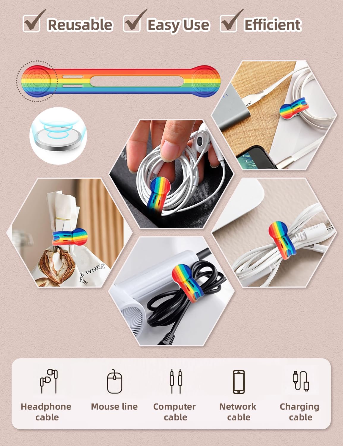 Kanemc Magnetic Cable Tie, 4.72'' Cord Ties Magnet Cable Straps Cord Wrap For Travel Phone USB Charging Cable Management Whiteboard Markers (8Pcs, Rainbow Color)