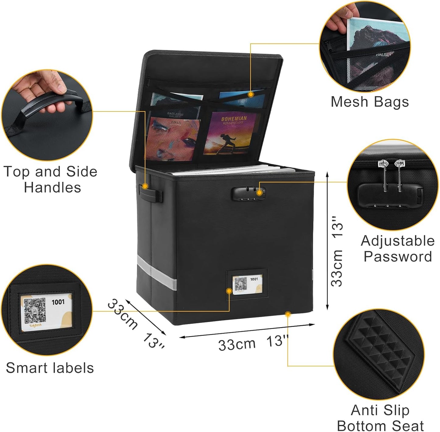 Medium Next of Kin Box Organizer with Smart Labels, Fireproof Foldable File Organizer with Combination Lock, 10 Hanging Files and 20 Category Labels for Label Documents,(M:13 * 13 * 13in)