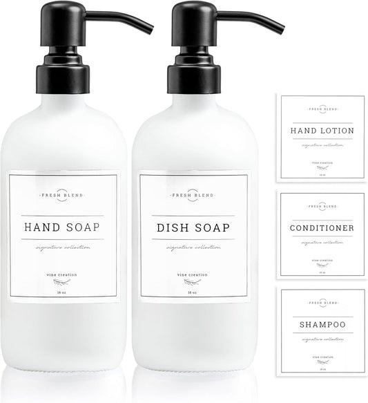 Vine Creations White Glass Soap Dispenser, 2 Pack Kitchen Soap Dispenser Set with Stainless Steel Pump, 16 oz Dish Soap and Hand Soap Dispensers for Bathroom with Waterproof Labels