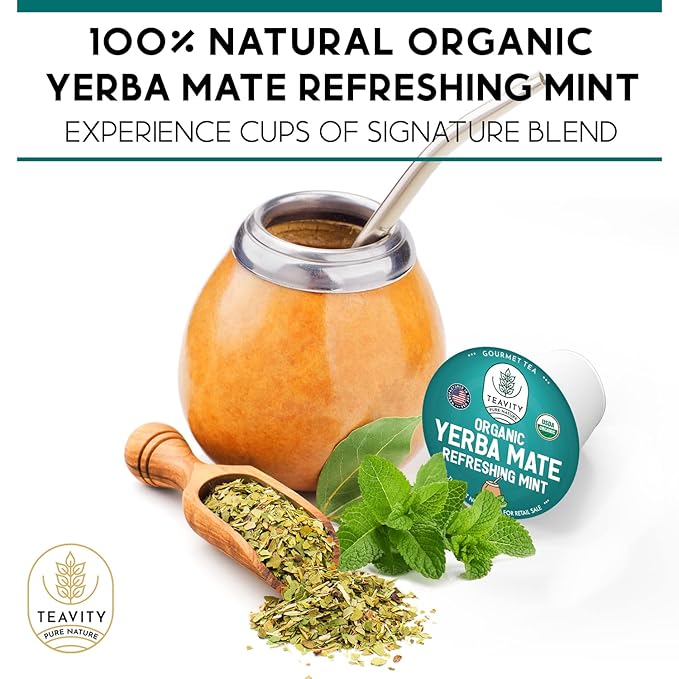 Organic Yerba Mate Refreshing Mint Tea Pods - Naturally Caffeinated Yerba Mate Tea Pod for Keurig Brewers by Teavity (36 Tea Pods)