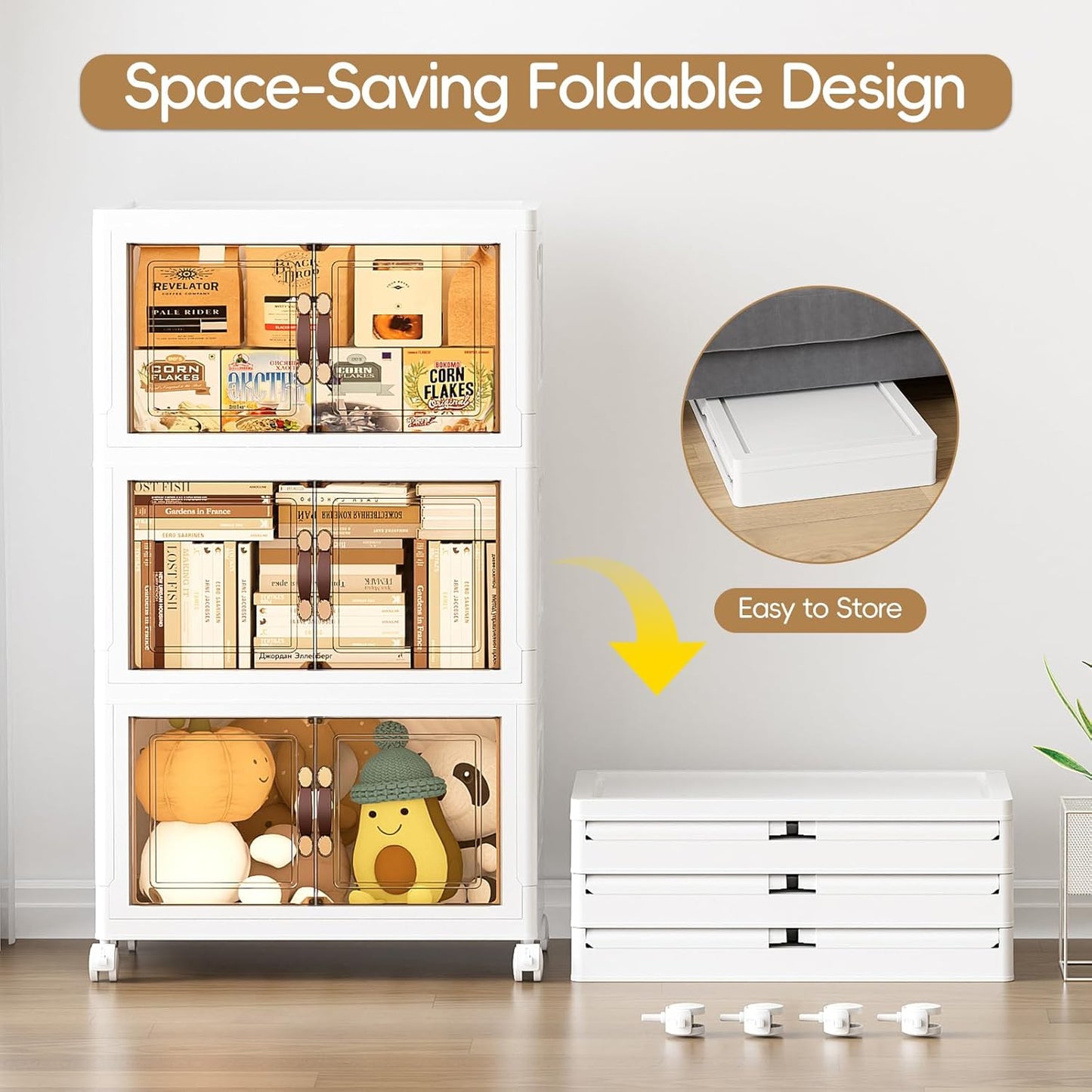 JEKO&JEKO 189Qt Stackable Storage Bins with Lids and Wheels, Foldable Collapsible Plastic Boxes for Clothes, Home, White, 3 Pack