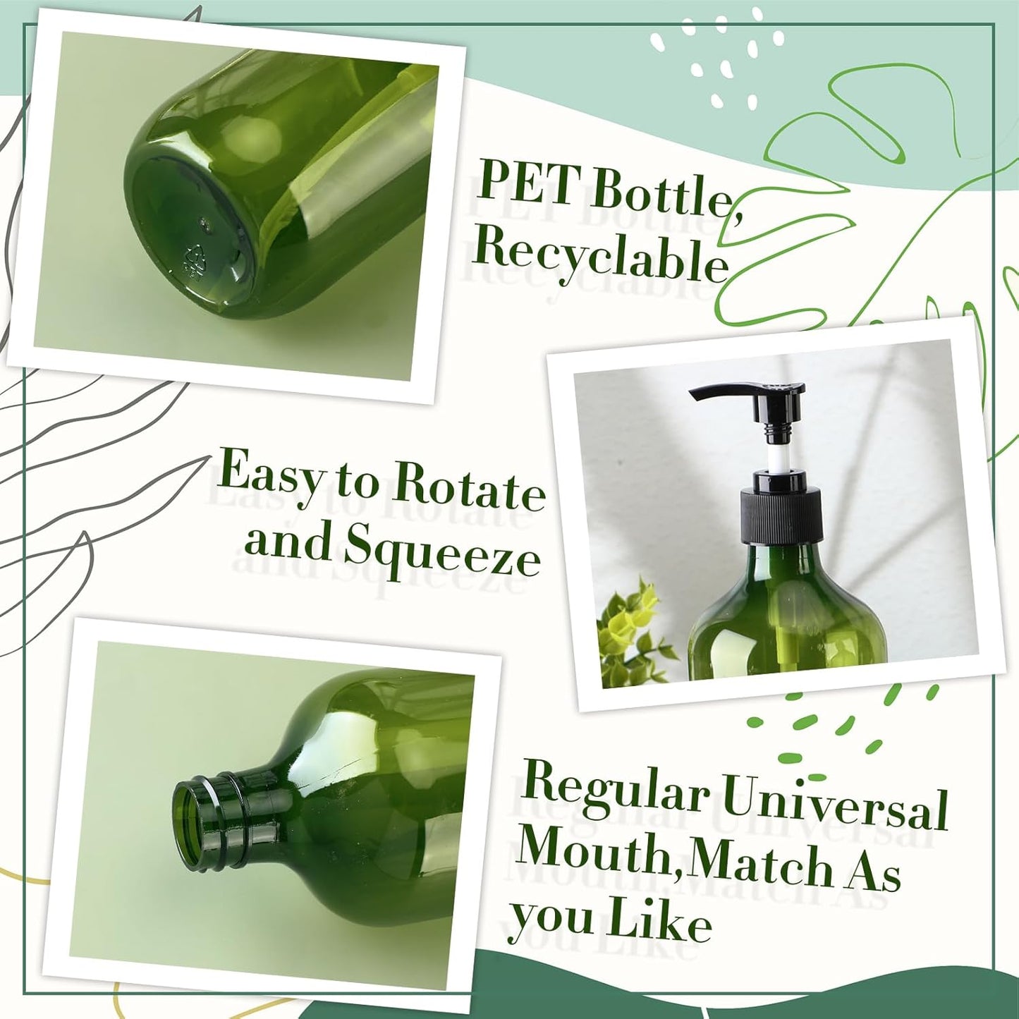 Tessco for you 12 Pack Green Soap Dispenser Empty Plastic Pump Bottles Dispenser Refillable Shampoo Container for Hand Sanitizer Soap Lotion Body Wash Conditioner Bathroom Kitchen Travel(16.9 oz)