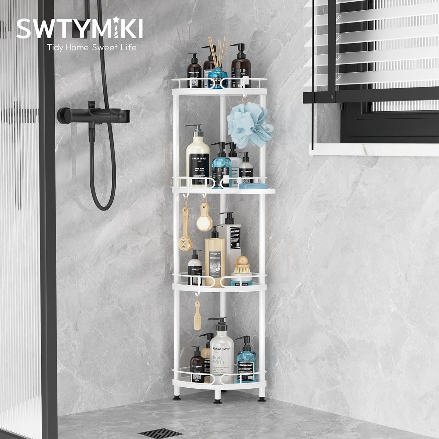SWTYMIKI Corner Shower Caddy Standing - 4 Tier Stainless Steel Shower Organizer Stand with 4 Hooks & Soap Holder, Rustproof Metal Standing Tall Floor Shower Shelf and Bathroom Organizer, White
