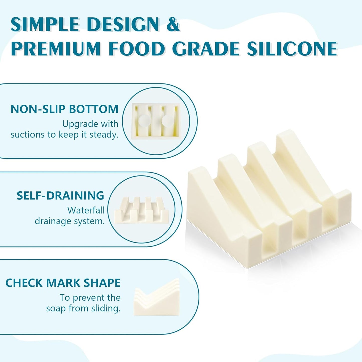 Self Draining Soap Dish,Silicone Suction Cup Soap Holder, Bathroom Soap Dish for Bar Soap,Can Extend Soap Life,Bathroom, Bath Tub, Kitchen Sink (2, Cream White)