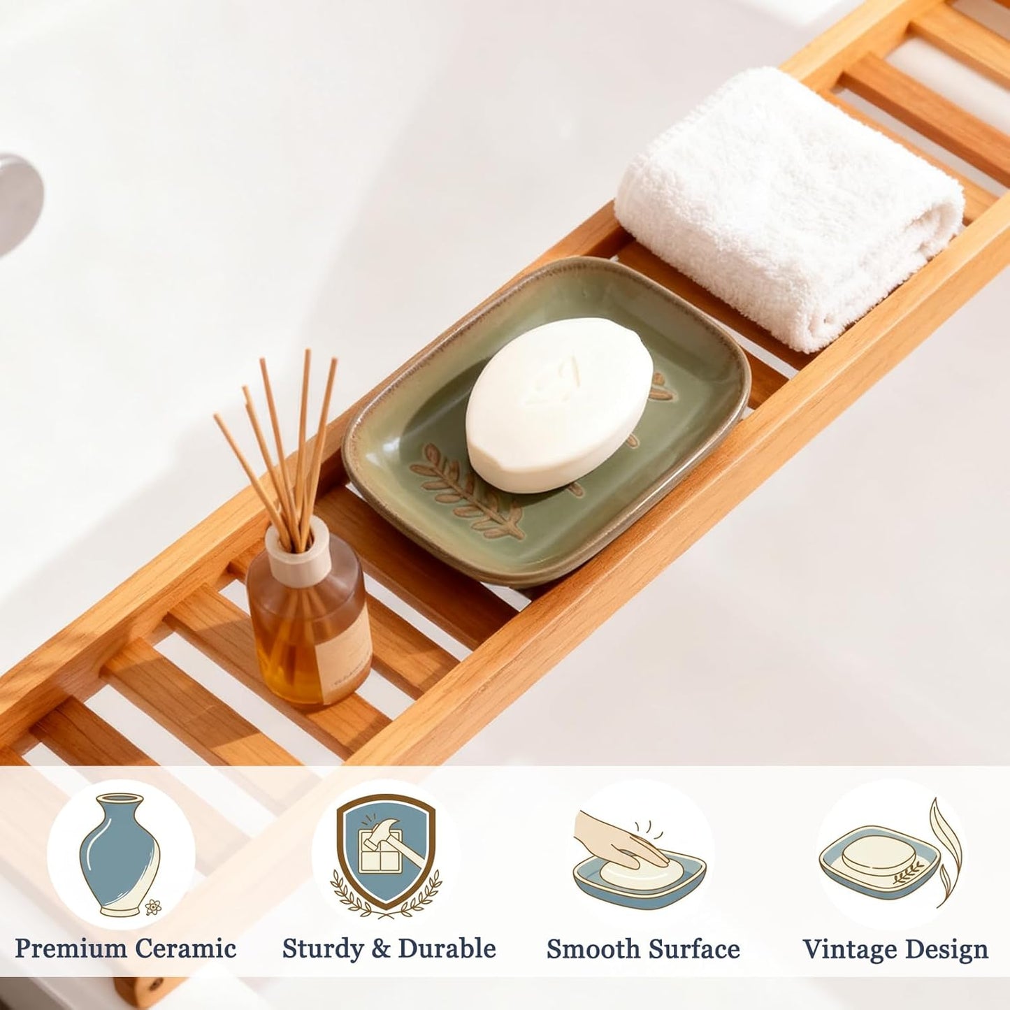 Aesthetic Ceramic Soap Dish for Shower, Soap Holder with Raised Relief, Shower Soap Dish for Shampoo Bar Or Sponge, Soap Saver for Bathroom, Kitchen, Sink, Decorative Soap Tray (Green)