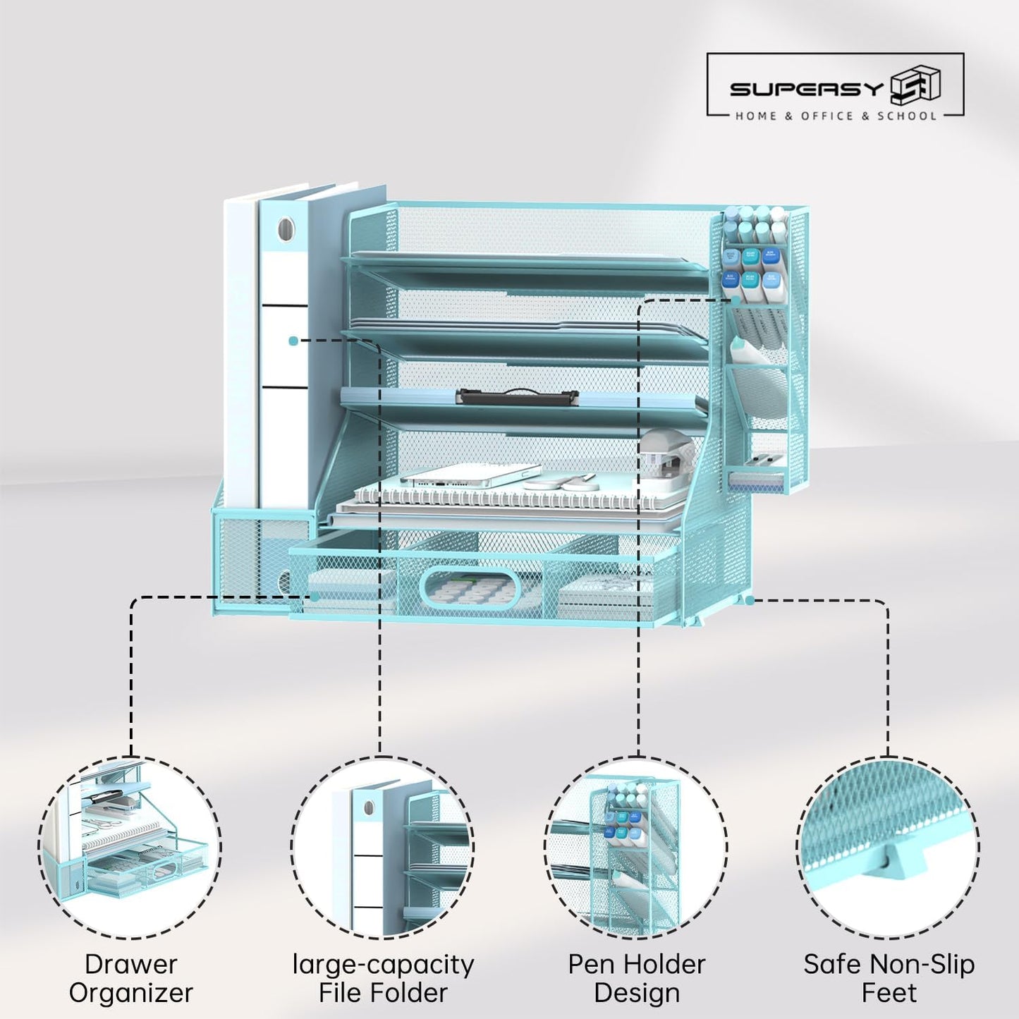 SUPEASY Desk Organizer with File Holder, 5-Tier Mesh Paper Letter Tray Organizer with Pen Holder and Drawer, Desktop Organizer and Storage with 3 Tilted File Sorter for Office Supplies, Blue