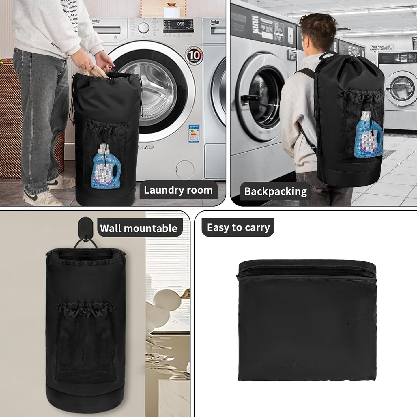 Laundry Bag Backpack with Shoulder Straps and Mesh Pocket Foldable Clothes Hamper Bag with Drawstring Closure for College, Apartment, Laundromat (Black)