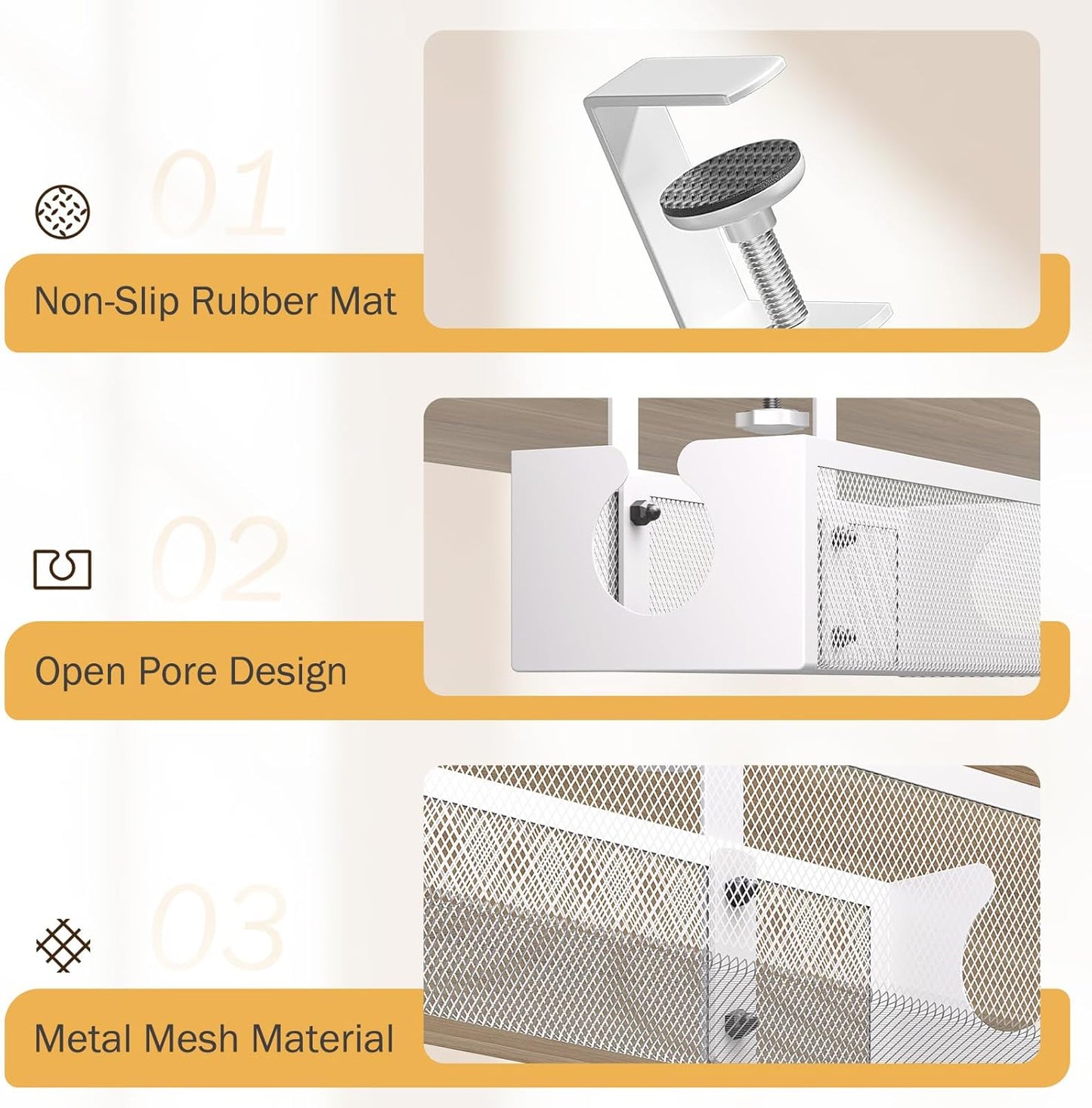 DELAMU Under Desk Cable Management Tray, No Drill Metal Mesh Cable Management Under Desk with F-Clamp Mount & 2 Open Holes, Cord Organizer for Home Office, 1 Pack, White