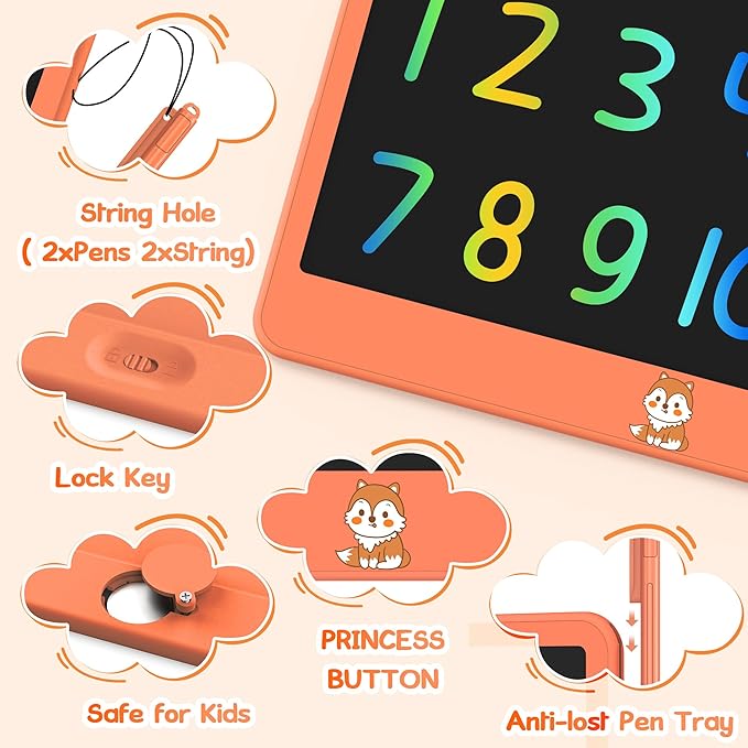 LCD Writing Tablet for Kids 12 Inch, Learning Toys Drawing Pad for Girls Boys, Erasable Doodle Board for Toddlers 3 4 5 6 7 8 Year Old Travel Essentials, Christmas Birthday for Kids - Orange