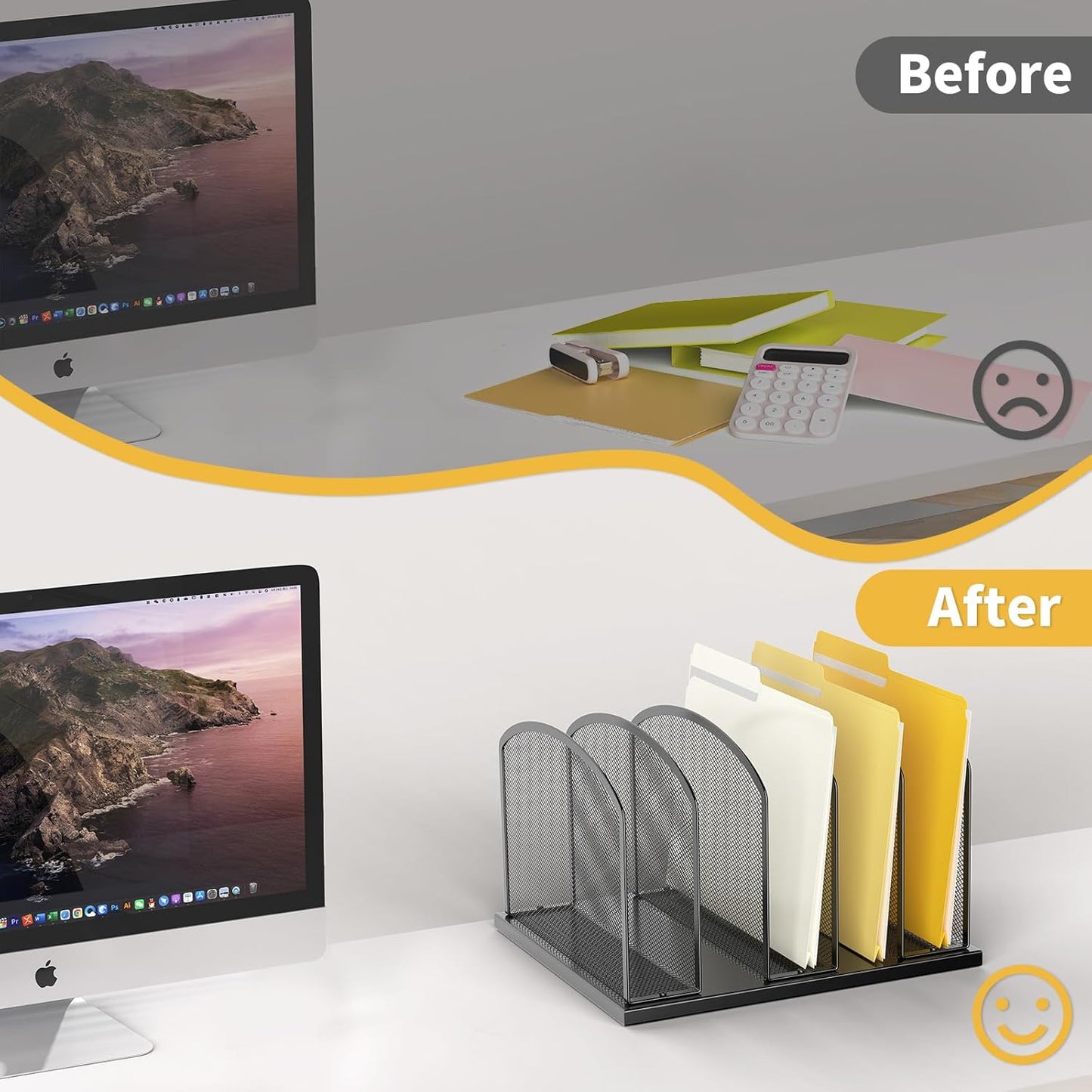 Large Size Desk File Organizer, Metal Mesh Vertical Desktop File Holder, 5-Section file organizer for Desk Home Office (1 Pack), Black