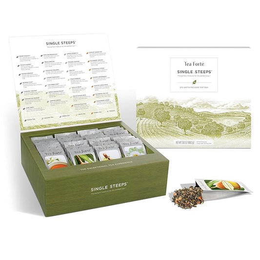 Tea Forte Classic Assortment Single Steeps Loose Leaf Premium Tea Gift Set Sampler, 28 Count Assorted Blends Pre-Portioned Single Serve Pouches, Steeps 12 oz