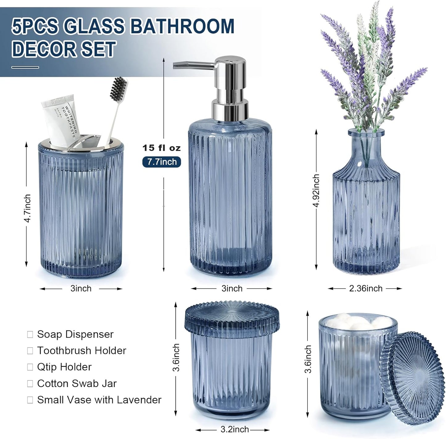 Blue Bathroom Accessories 5 Pcs, Glass Bathroom Accessory Set, Vintage Blue Bathroom Set, Royal Soap Dispenser and Toothbrush Holder Set, Qtip Holder, Small Flower Vase, Modern Bathroom Decor