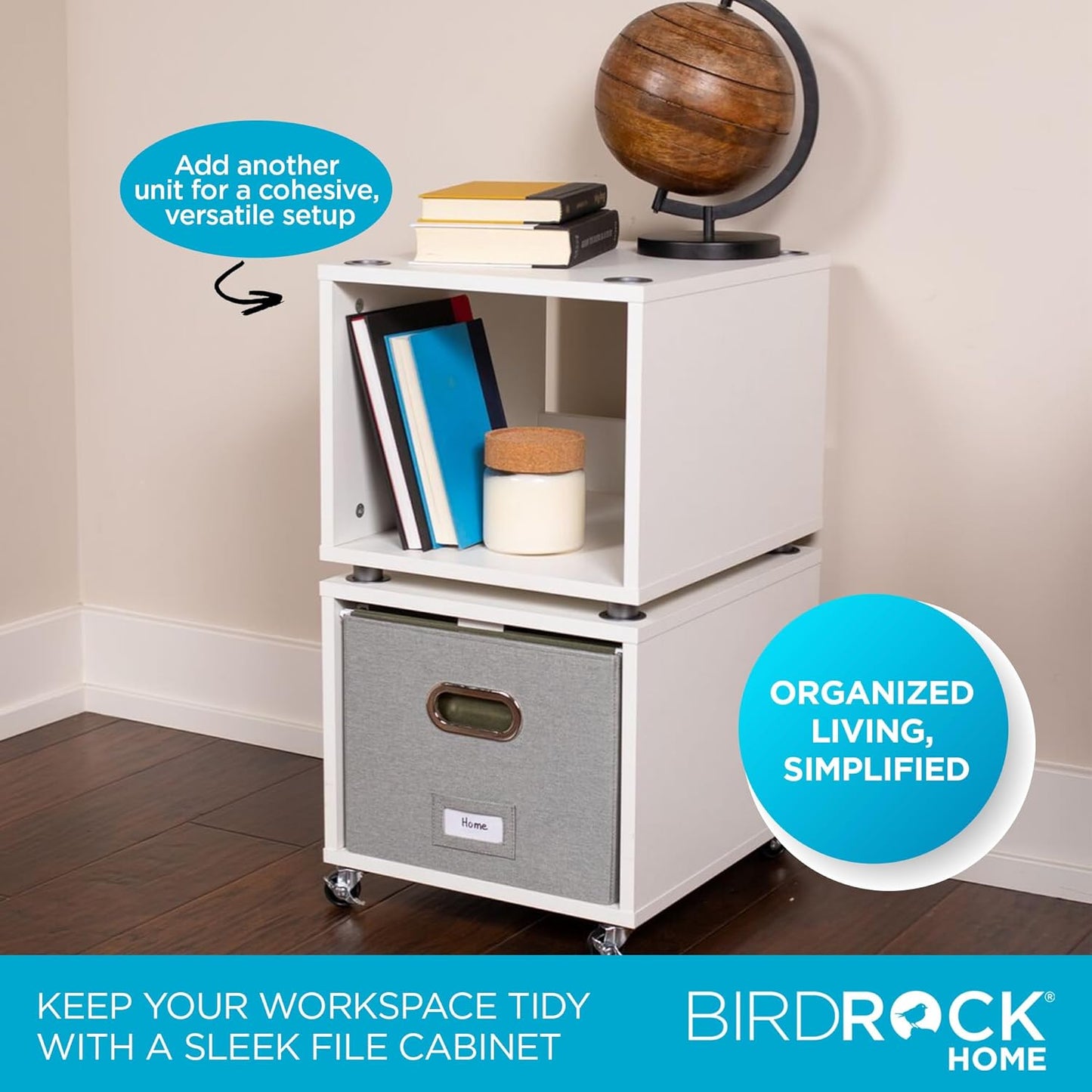 BIRDROCK HOME Rolling File Cabinet – Decorative Storage Shelf w/Removable Bins, Handles, and Wheels – Organize Files, Books, Toys, Under Desk Office Solution, Modern Design - 1 Lateral Drawer, White