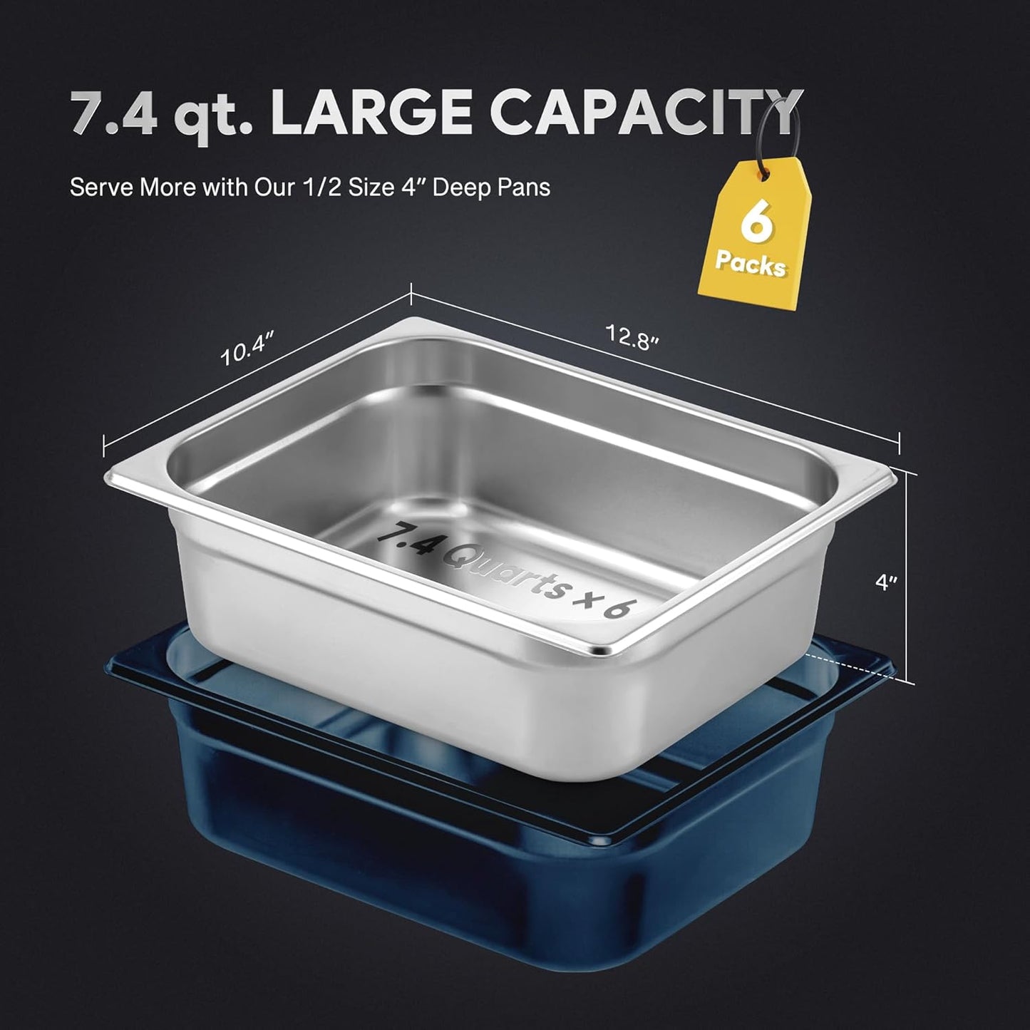 WILPREP 6 Pack Hotel Pans NSF Listed, 1/2 Size 4 in Deep Steam Table Pans with Lids, Food Grade Stainless Steel Hotel, 7.4 qt Catering Food Storage for Buffets Events Restaurants