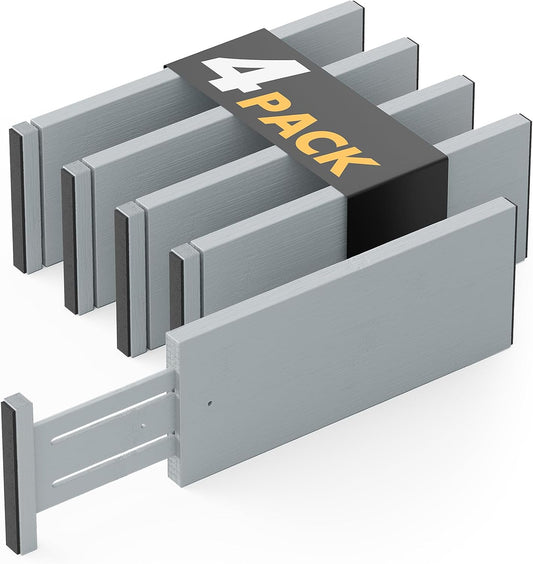 SpaceAid Bamboo 4 Pack Dresser Drawer Dividers, 4.65“ High Adjustable 12.5“-17” Drawer Organizers, Expandable Organization for Clothing, Clothes, Dressers, Gray