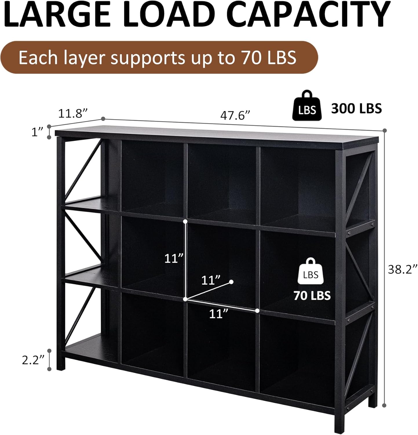 12 Cube Storage Organizer, Industrial Horizontal Bookshelf, Accent Cube Shelf, Corner Bookcase for Living Room, Home Storage, 47.6 Inches, Black