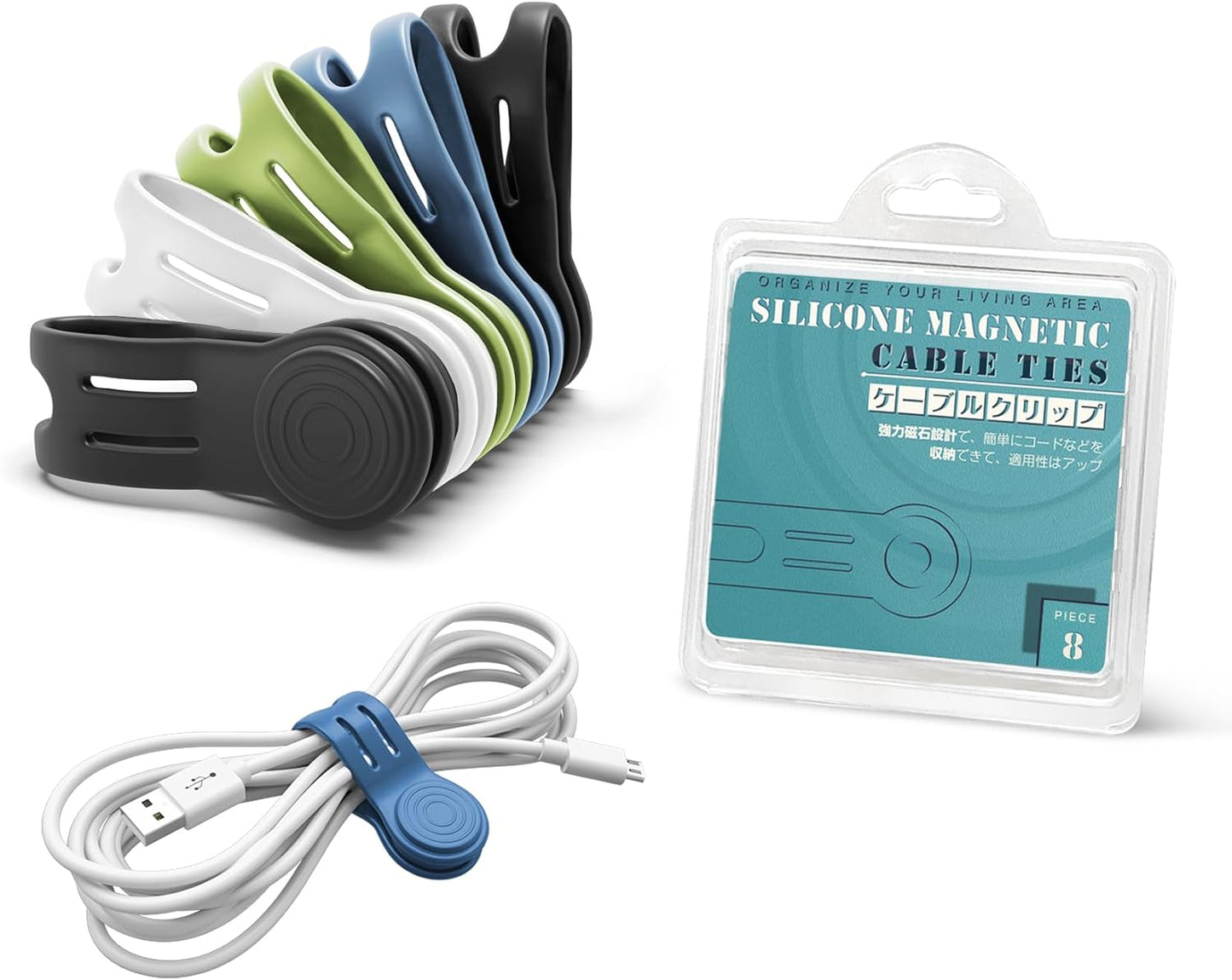 Kanemc 8-Pack Magnetic Cable Ties, Magnet Cord Wraps Reusable Silicone Cable Organizer Twist Zip Ties For USB Earphone Computer Smartphone Charging Cords (4Colors)