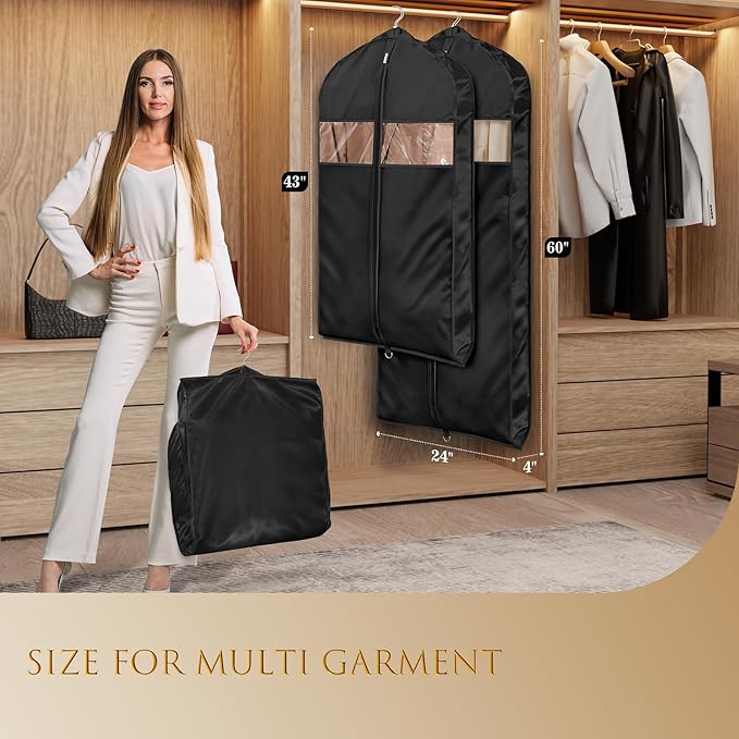 Univivi Super Soft Satin Garment Bags for Hanging Clothes, 43 Inch Zippered Suit Cover with Gussets, Breathable & Non-smell for Suits, Coats, Jackets, Shirts, 2 Pack - Black