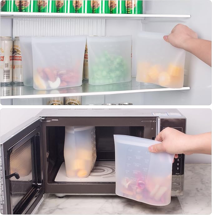 Large Reusable Food Bags 4 Pack, 1.5 Quart(50.7fl.oz) 100% Silicone Storage Bags Stand Up Zip Silicone Food Container, Freezer Microwave Oven Dishwasher Safe, Translucent
