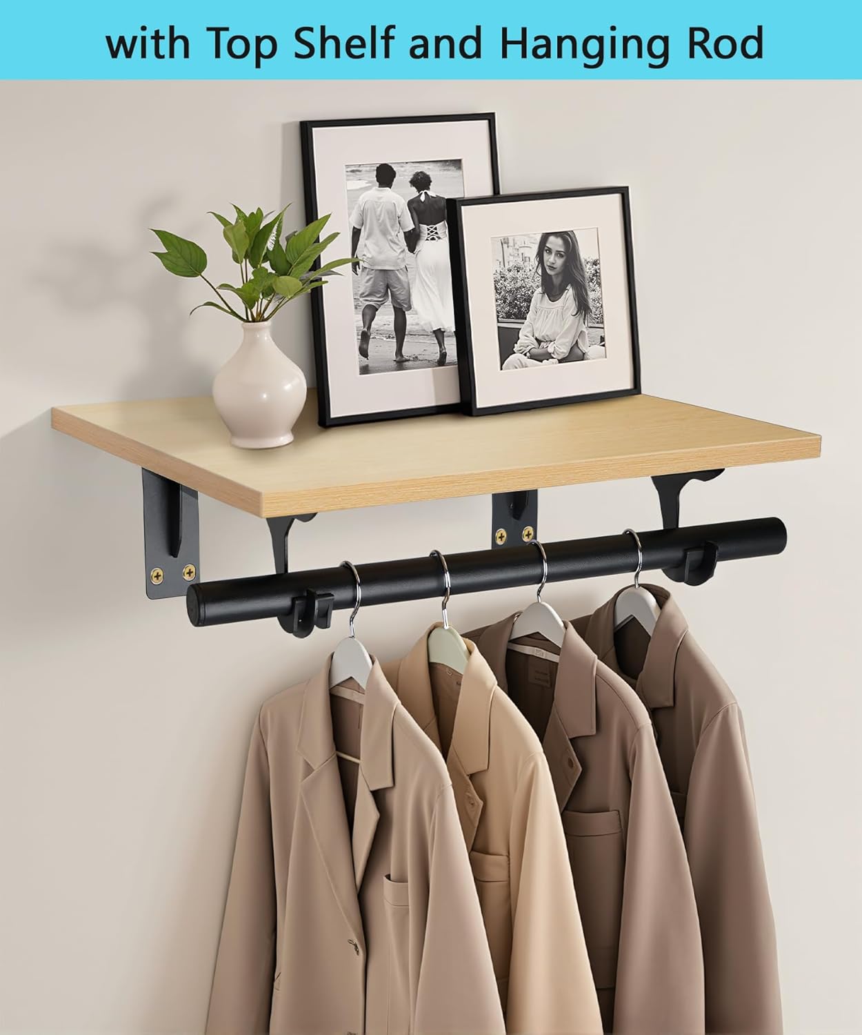 FIRJOY Wall Mounted Clothes Rack, with Top Shelf and Hanging Rod, Heavy Duty (2 PACK 11.8" x 15.7", Black)