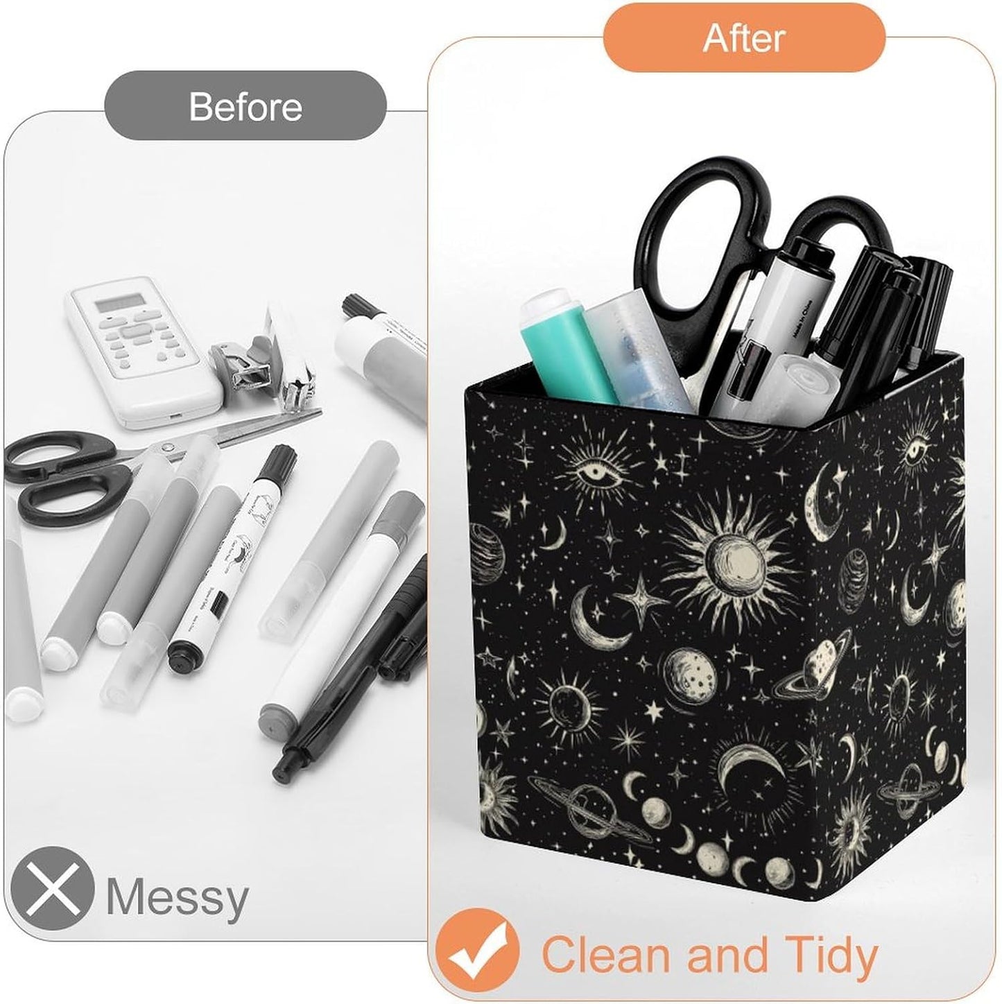 Square Pen Holder & Pencil Organizer for Desk - Office Storage Organizer, Markers/Makeup Brushes/Scissors Holder, Compact Desk Decor Accessories for Home Classroom School(Stars Moon Sun)