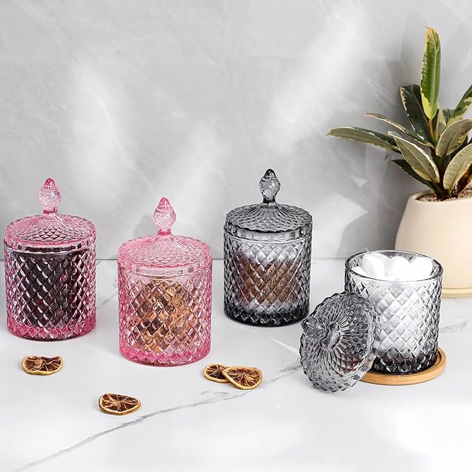 rejomiik Qtip Holder Glass Apothecary Jars with Lid for Bathroom Canisters Dispenser Decor, Storage Organizer for Cotton Swabs, Balls, Pads, Floss Picks, Candy, Grey