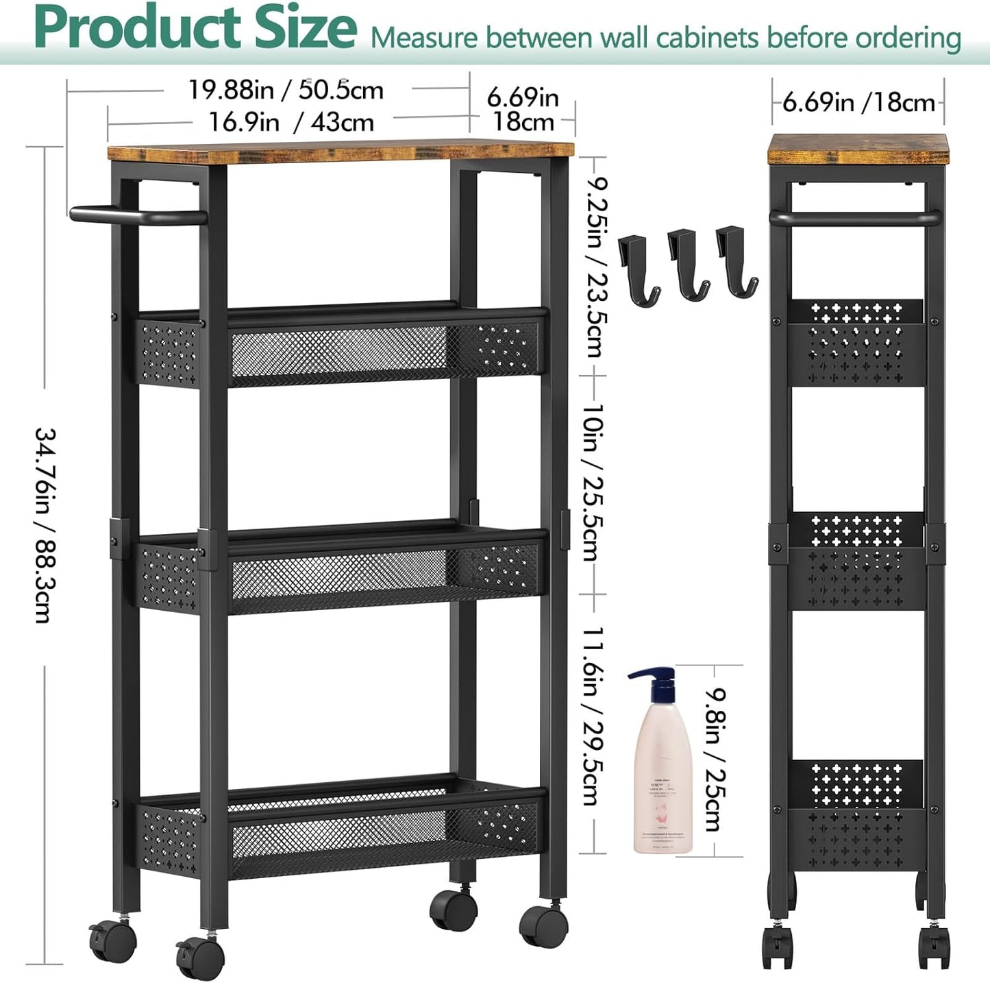 Utility Slim Storage Cart with Wheels, 4 Tier Small Rolling Cart with Wood Top, Metal Kitchen Bathroom Laundry Room Organization Trolley with Handle for Narrow Space – Black
