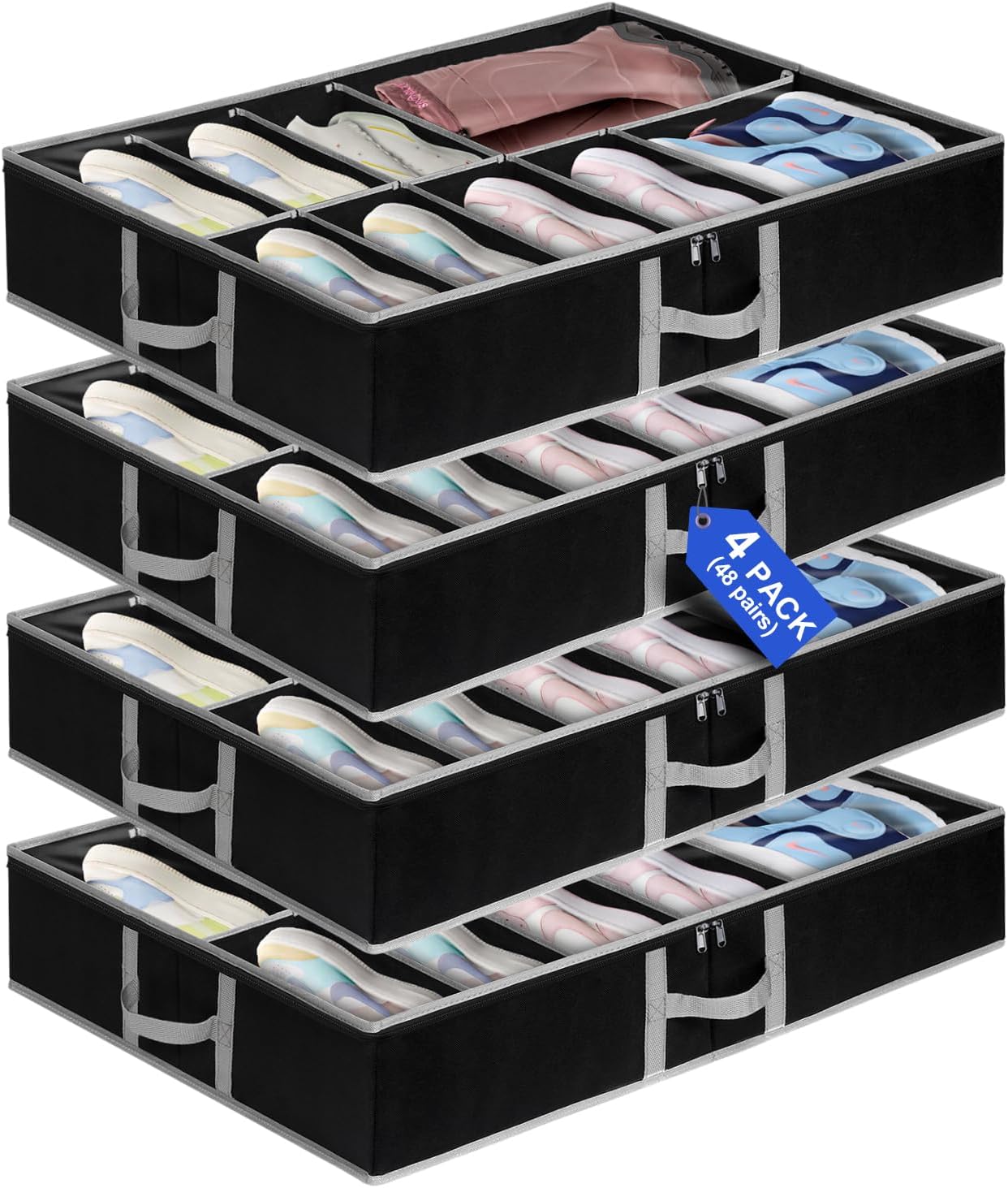 punemi 4pcs Under Bed Shoe Storage Organizer, Adjustable Adhesive Strap Shoe Organizer Under Bed With Bottom Support & 3 Sturdy Handles, Underbed Shoe Organizers For Closet Boot, Sneakers, Heels