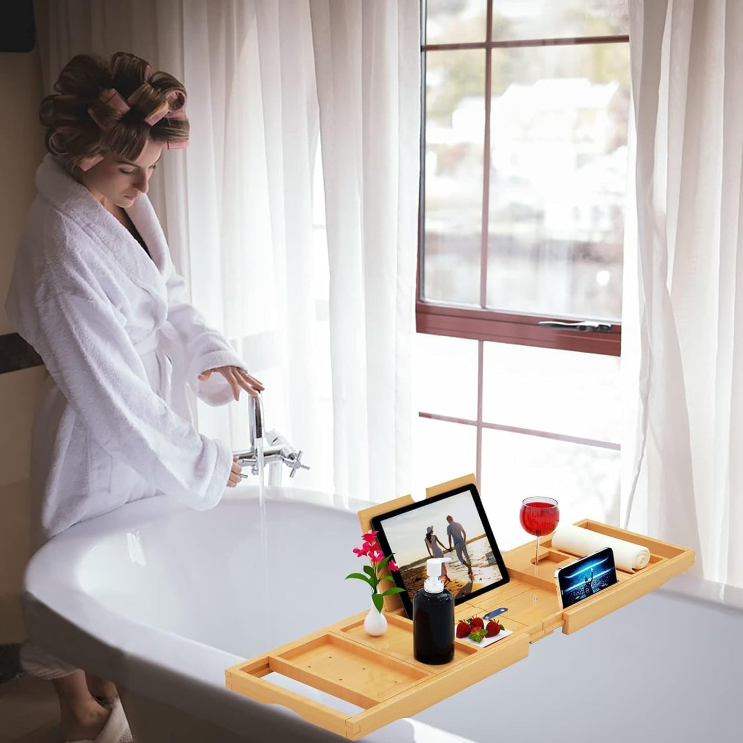 Premium Expandable Bamboo Bathtub Tray Caddy - Fits Most Bath Tubs