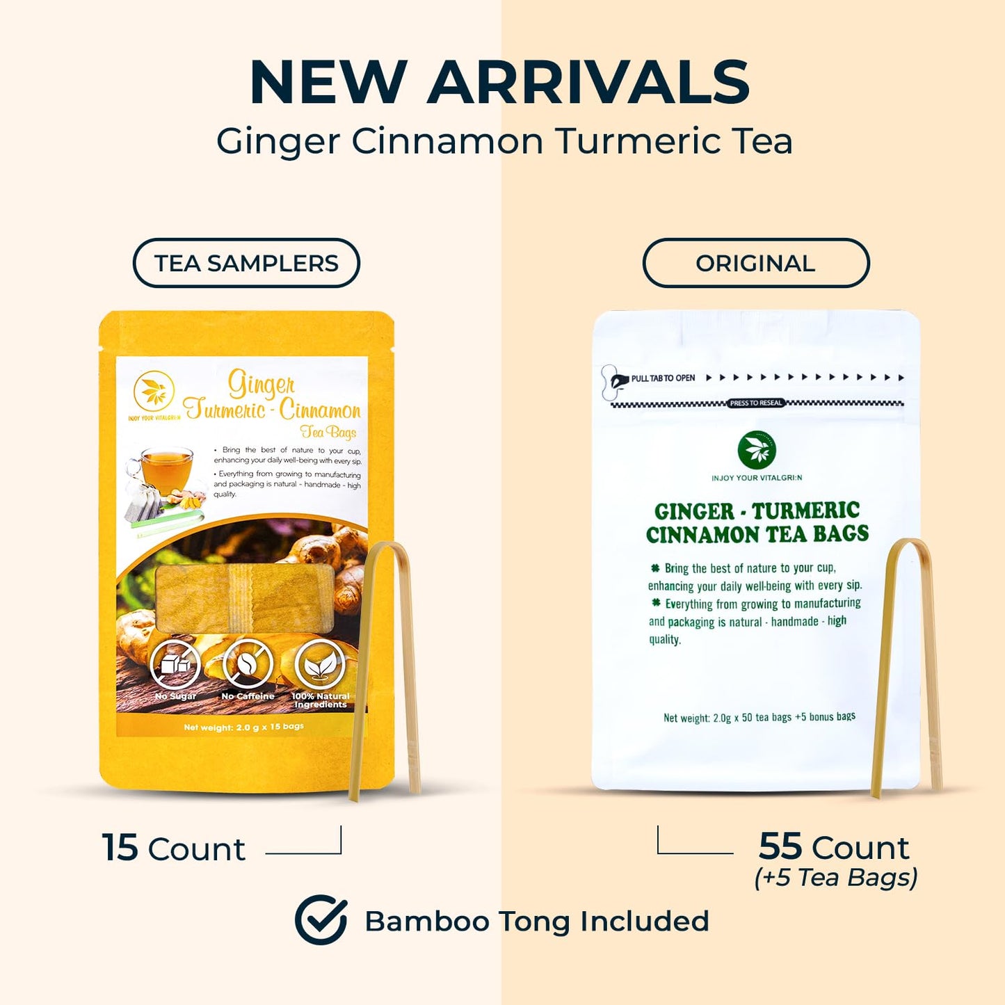 Ginger Cinnamon Turmeric Tea Bags with Bamboo Tong - 55 Count (+5 Count), 5.47 oz, Re-Steep Corn Based Tea Bags, No Sugar Added, Natural Herbal Tea for Body Warm, Relax, Refreshing
