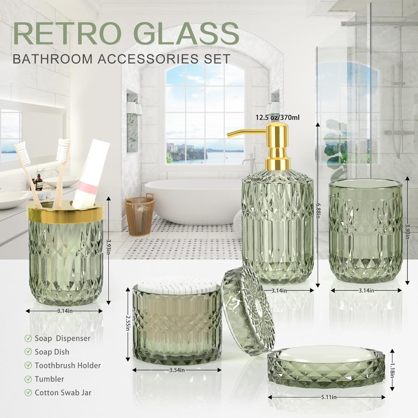 Green Bathroom Accessories Set, 5Pcs Clear Glass Green Accessories with Lotion Soap Dispenser, Soap Dish, Toothbrush Holder, Tumbler, Cotton Swab Jar, Modern Bathroom Decor Crystal Vintage Gift