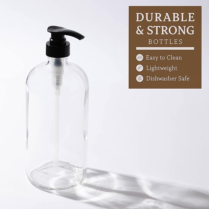 Glass Shampoo and Conditioner Dispenser - Large Glass Pump Bottle Dispenser - 32 Ounce (1 Liter) - Pack of 4