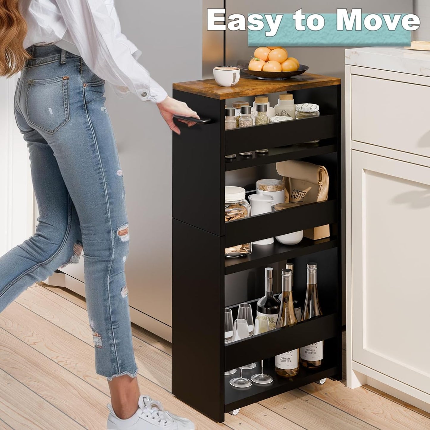 MARTY Rolling Storage Cart 7.9" W, 4-Tier Kitchen Cart with Wheels Handle, Slim Storage Cart Mobile Shelving Utility Carts for Bathroom Laundry Room Organization Narrow Places (Black)