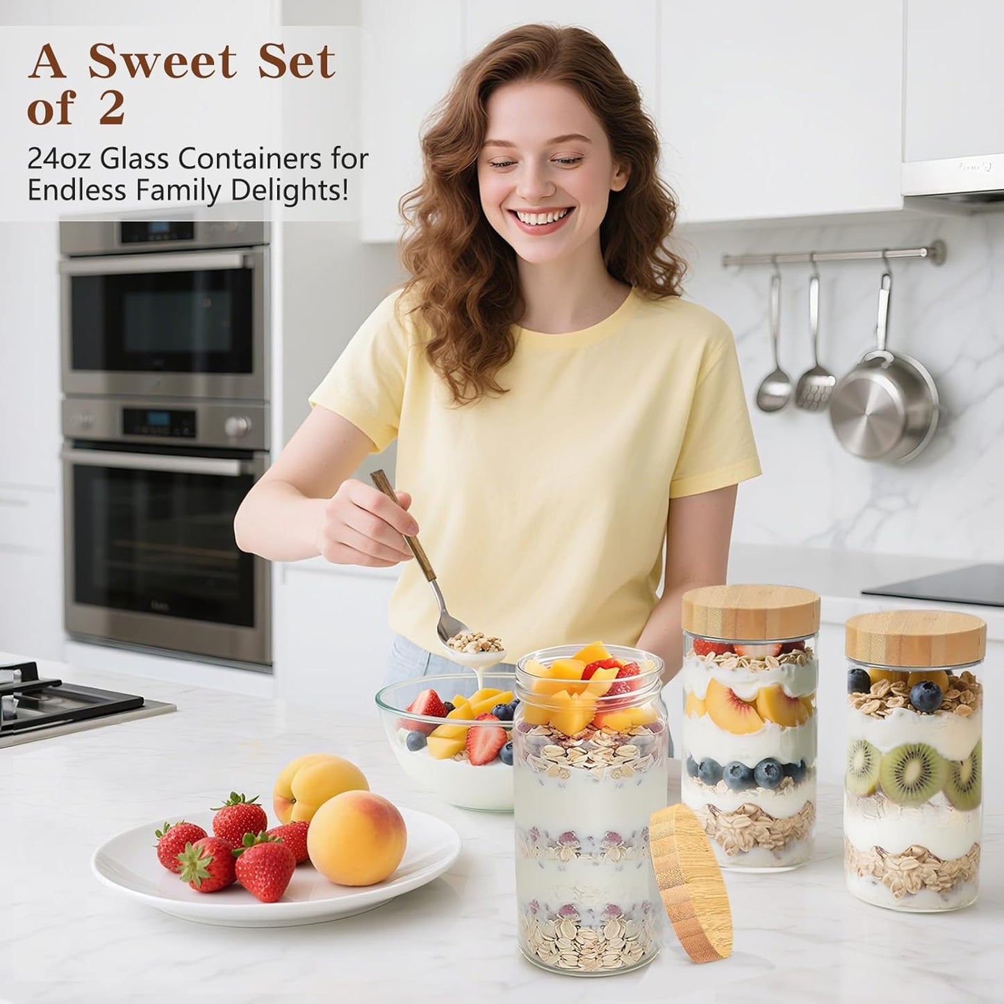 24oz Overnight Oats Containers with Bamboo Lids, Glass Jars with Airtight Lids, Wide Mouth Mason Meal Prep Jars, Food Storage Container for Yogurt Salad Chia Pudding Snacks Spice Sugar,2 Pack