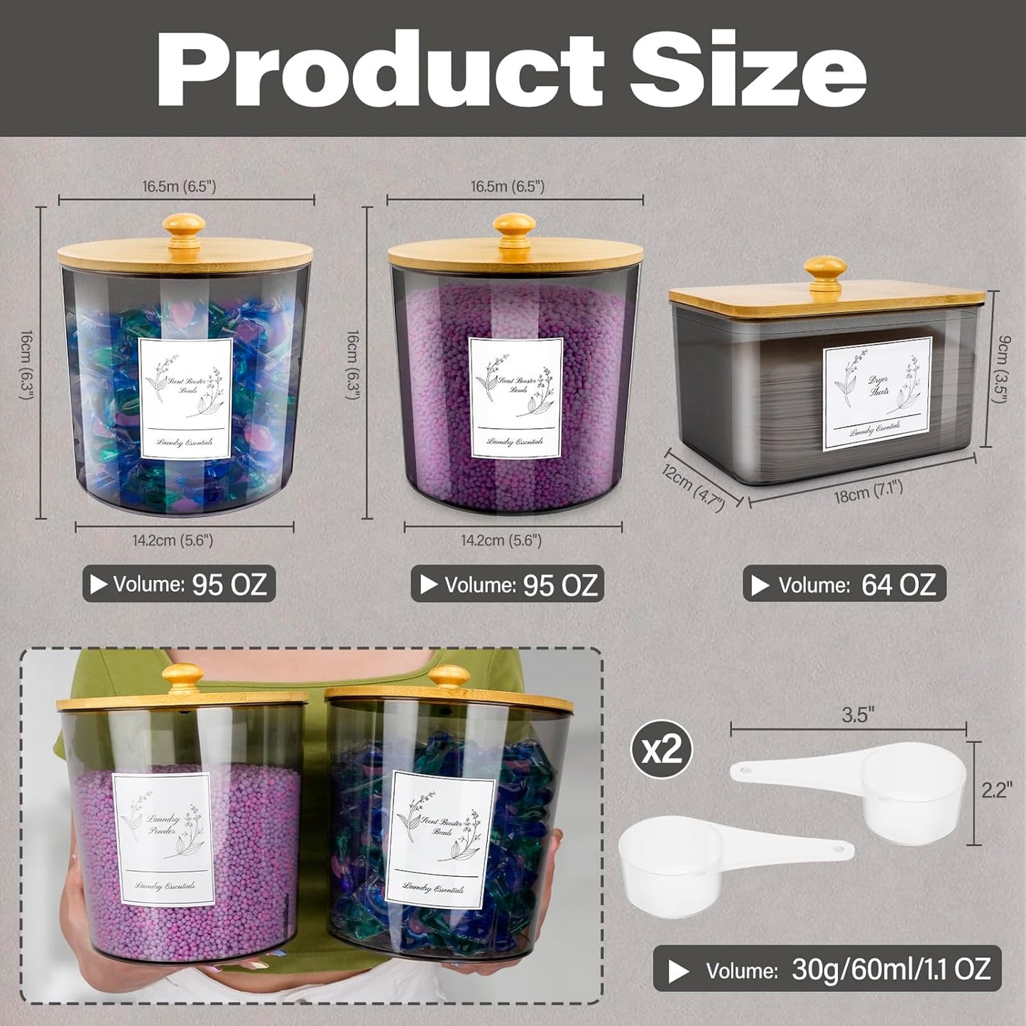 3 Pack Plastic Laundry Powder Container & Dryer Sheet Holder with Lids, Labels & Scoops - Laundry Detergent Organizer and Storage Jars for Pods,Beads, Soap, Scent Booster (Clear Grey)