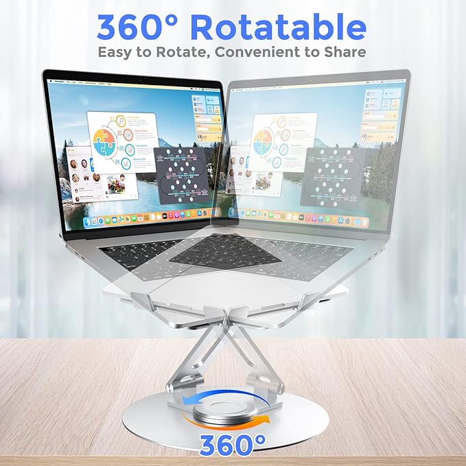 Swivel Laptop Stand for Desk, Adjustable Height Aluminum Computer Stand with 360 Rotating Base, Foldable Ergonomic Riser, Portable Laptop Holder Compatible with MacBook, All Laptops 10-17'', Chrome
