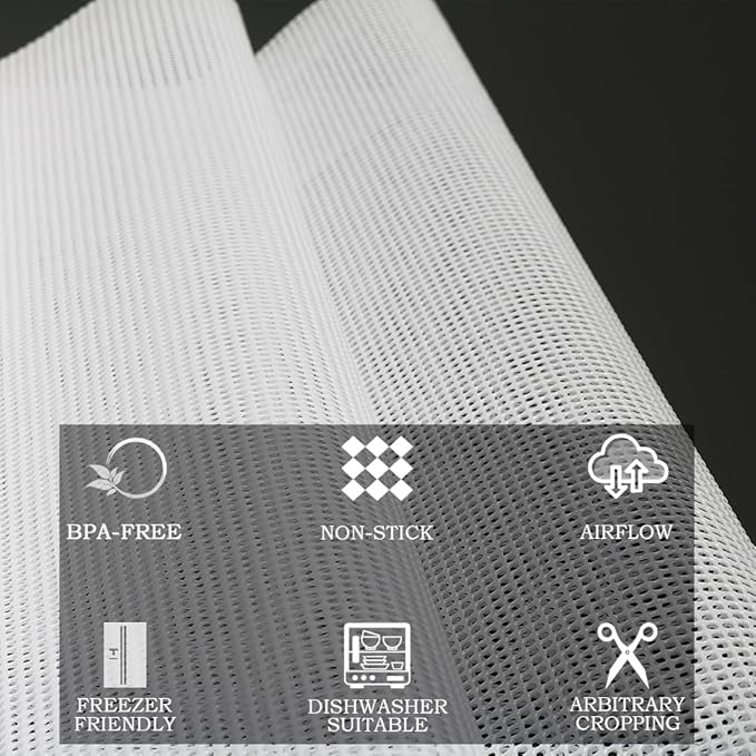 Dehydrators Tray Liners: 10-Pack 14x21 inch Mesh Silicone Dehydrator Sheets - Max Airflow - Non-stick - BPA free - Single-Use Packaging - Non-stick