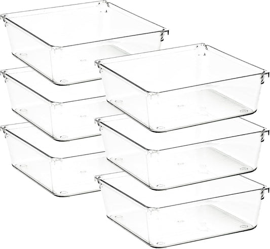6 Pack Drawer Organizer - 6" X 6" Clear Acrylic Storage Bins with Non-Slip Pads, Versatile Desk Tray for Makeup, Jewelry, Kitchen, Bathroom, and Office Organization