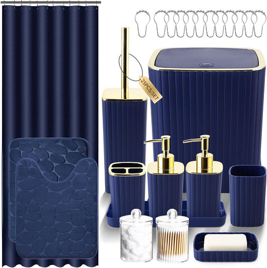 Bathroom Set with Shower Curtain and Rugs- 25PC Blue Bathroom Accessory Set, Navy Blue Shower Curtain Set, Toilet Brush, Trash Can, Qtip Holder Dispenser & Soap Dispenser