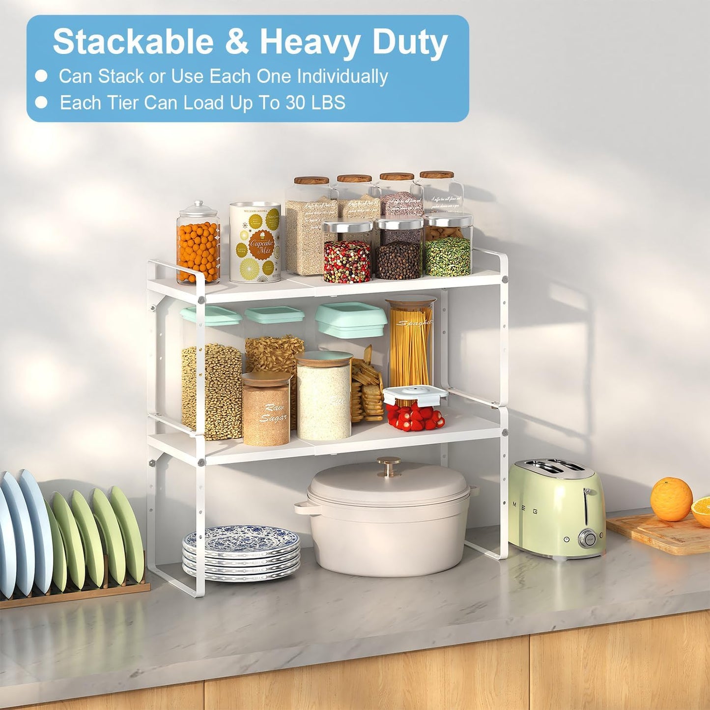 15.5 to 25.5 Inch Expandable Kitchen Cabinet Organizer Shelf, 30 LBS Heavy Duty Stackable Kitchen Counter Storage Shelves Organizers, 2 Pack Adjustable Small Storage Shelf Rack for Cabinet Cupboard