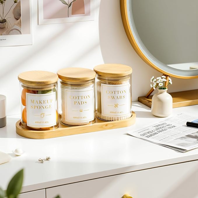 Luxspire Glass Qtip Holder with Vanity Tray, 3 Pack Cotton Swab Holder with Bamboo Lid, 13.4 oz Glass Apothecary Jars Bathroom Accessories Canisters for Cotton Swabs, Balls, Pads, Floss Picks