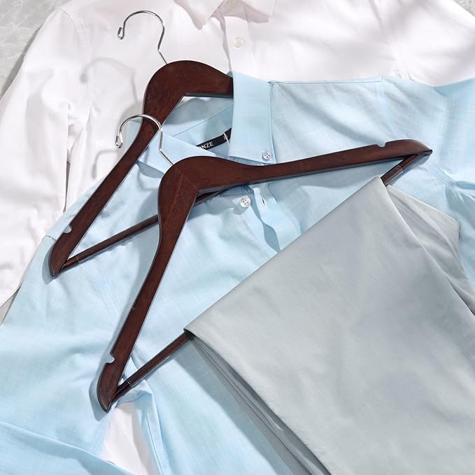 Amber Home 20 Pack Solid Wood Suit Coat Hangers, Smooth Walnut Finish Wooden Dress Hangers with Non Slip Pant Bar, Clothes Hangers with 360 Swivel Hook & Notches for Jacket, Pant, Shirt (Walnut, 20)