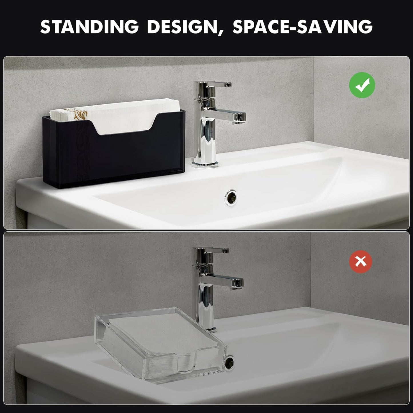 Acrylic Guest Towel Holder for Bathroom, Clear Waterproof Splashing Vertical Napkin Holder for Kitchen, Disposable Hand Towel Holder, Modern Dining Table Napkin Tray for Home, Hotel, Office-Black