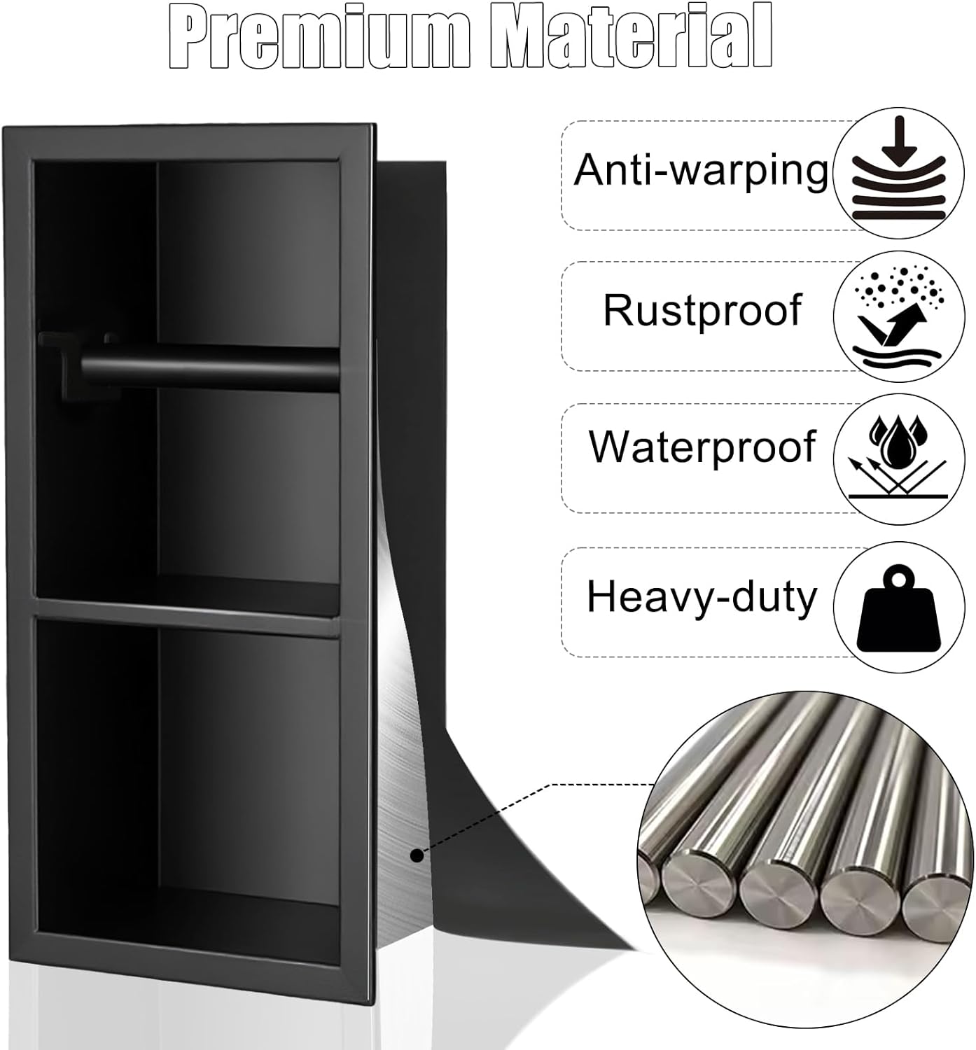 Recessed Toilet Paper Holder, Matte Black Toilet Paper Roll Holder Built-in Bathroom Tissue Roll Holder with Storage, Stainless Steel，Rust-Proof and Space-Saving