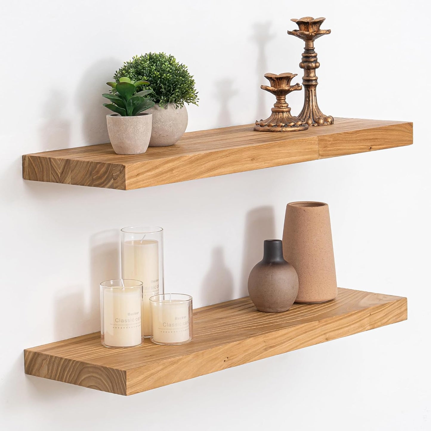 Floating Shelves, 8" Deep Rustic Solid Elm Wood Wall Mounted Floating Shelves, Wall Shelves with Invisible Bracket for Living Room Bathroom Bedroom Kitchen, 24 Inch Set of 2, Natural